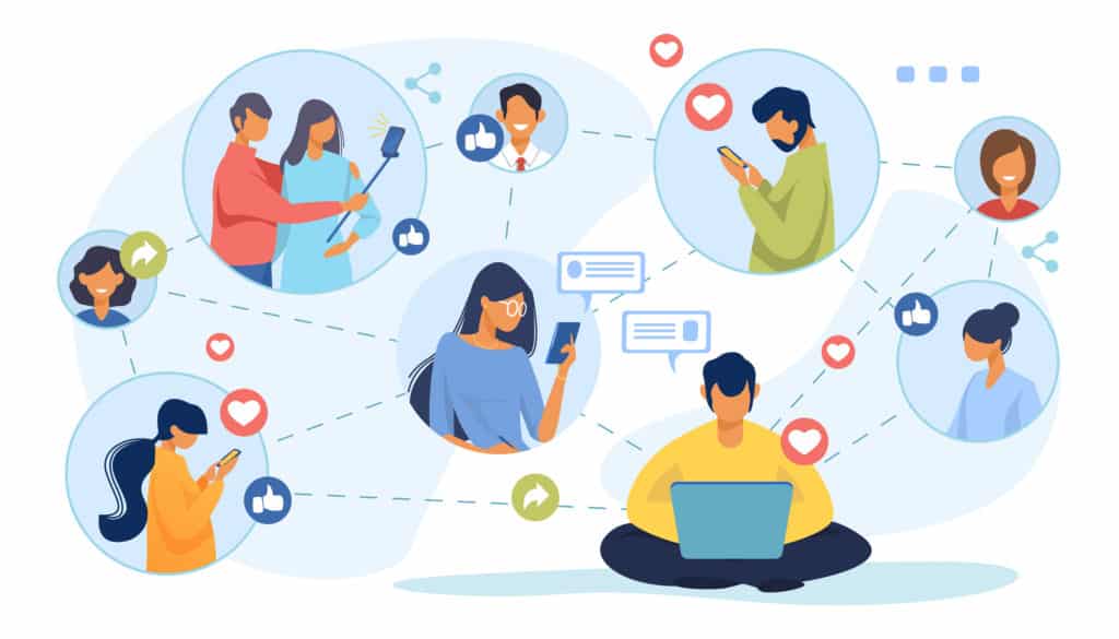 Social media network. Connected users taking pictures, posting, chatting flat vector illustration. Internet, connection, communication concept for banner, website design or landing web page